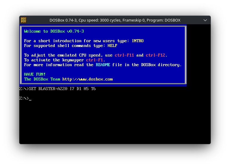 Pantalla inicial de DOSBox